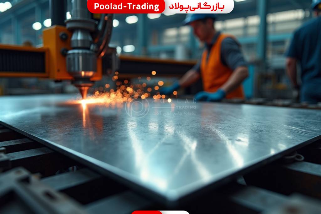 ورق استیل دکوراتیو در کارگاه درحال برش زدن